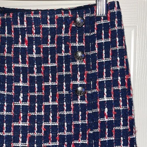 TALBOTS Boucle Navy White, Blue & Red Wrap Skirt With Slit - Picture 4 of 16